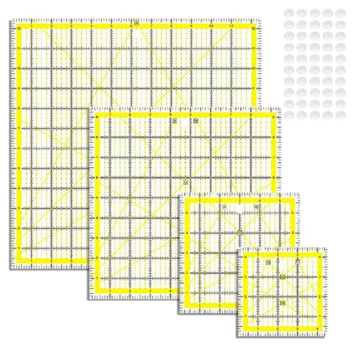 Pcivzxam 4-Teiliges Quiltlineal, Quiltvorlagen Aus Acryl-Quadratlineal (4,5x4,5, 6x6, 9,5x9,5, 12,5x12,5) mit Rutschfesten Ringen