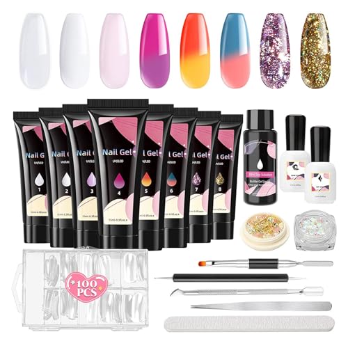 Poly Nail Gel Kit Builder,Enhancement 8 Color Nude Glitter Nagelverlängerungs-Gel-Kit mit Slip Solution Top Base Coat - Testversion Professioneller Techniker Anfänger DIY Kit Neujahrsgeschenk Idezek