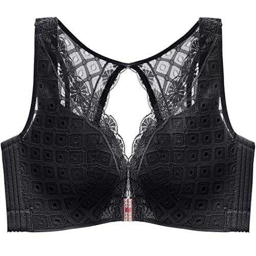 ZESLIV Damen BH mit Verschluss vorne ohne Bügel 100C Schwarz Push Up BH Vorderverschluss große größen Frauen Wohlfühl Spitze Bustier Strass Bra