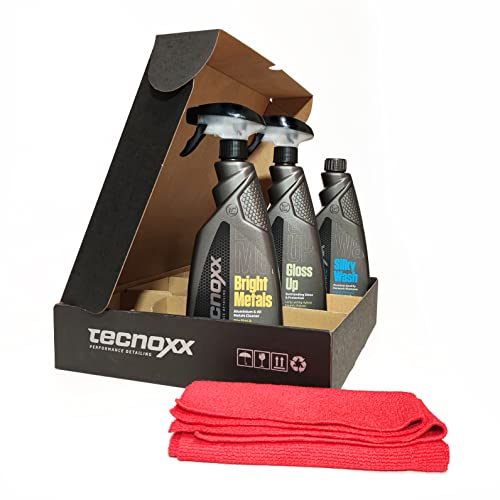 Tecnoxx Kit Pro Moto 3 hochwertige Produkte zur Reinigung und Pflege von Motorrädern 750 mL XL Container mit Reiniger, Klarspüler und Felgenreiniger