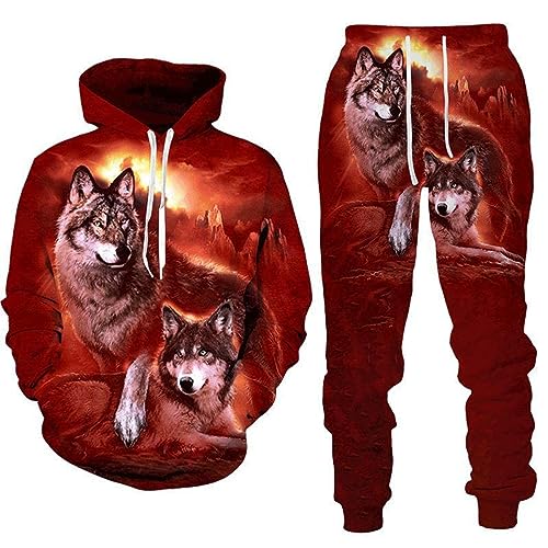 PALANK Herren Wolf Trainingsanzug Jogginganzug Pullover Kapuzen + Hose Herren 3D Wolf Print Sweatpants Und Hoodie Set (wolf2,2XL)