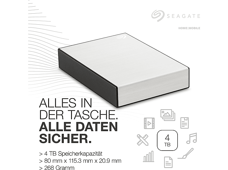 SEAGATE One Touch mit Passwort Festplatte, 4 TB HDD, 2,5 Zoll, extern, Silber