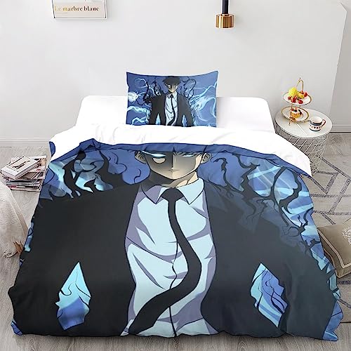 Solo Leveling 3-Piece Duvet Cover Set - 3D Printed Comforter Cover with Hidden Zipper Closure, Microfiber Manga und Anime Bedding Set with Pillowcases for A Cozy Night's Sleep Single（135x200cm）