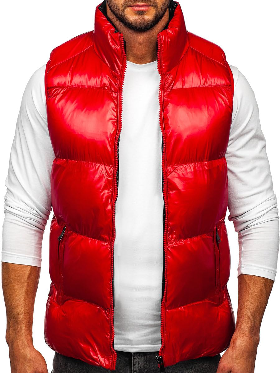 BOLF Herren Weste mit Stehkragen Steppweste Bodywarmer Daunenweste Reißverschluss Ärmellose Sportweste Zip Wärme Freizeit Outdoor Style 9968 Rot L [1U1]