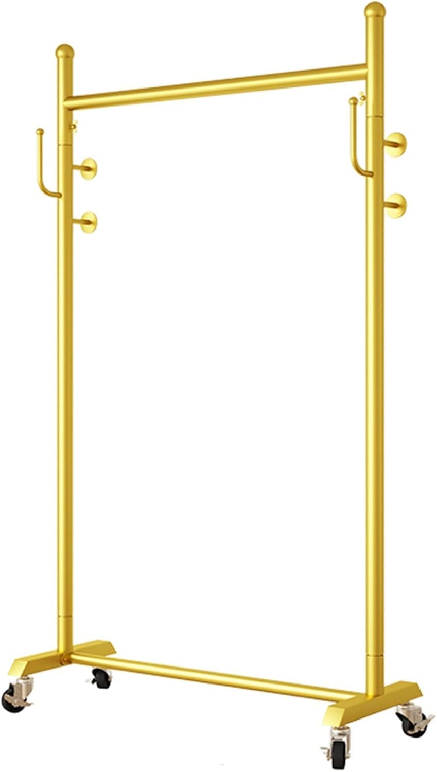 Stilvoller Kleiderständer mit Rollen, freistehende Kleiderstange mit seitlichen Haken, rollender Kleiderorganisator für Schlafzimmer, Waschküche, Tragfähigkeit 176 Pfund, Gold, 150 x 35 x 15