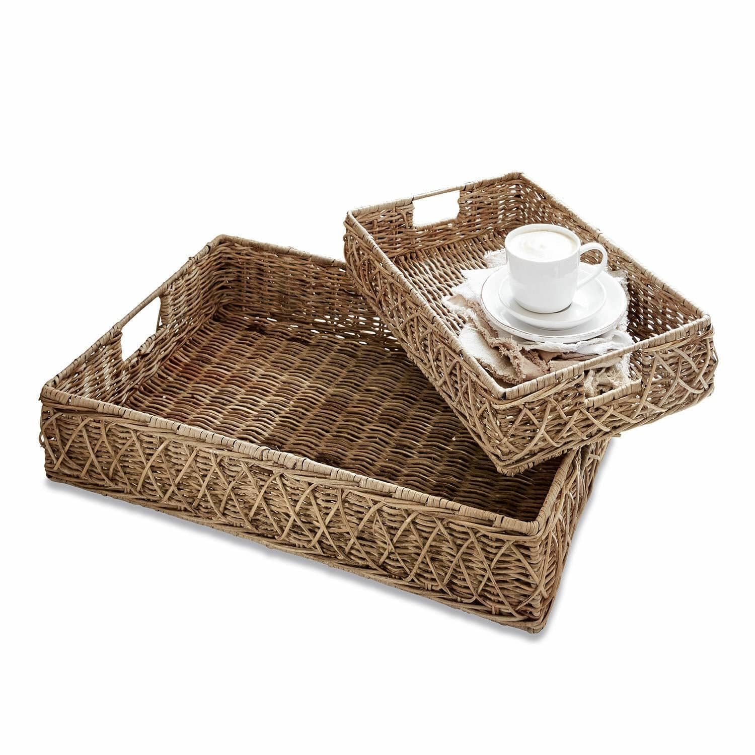 LOBERON Tablett 2er Set Cordillera, zwei Größen, Handgeflochten, Natürliche Optik, Wohn-Accessoires, Tischaccessoires, Rattan, Eisen, braun