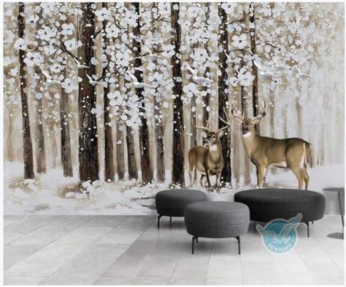 Wald Schnee Szene Vögel Hirsche 3D Tapete Poster Restaurant Schlafzimmer Wohnzimmer Sofa TV Dekorative Wand-250cm×170cm