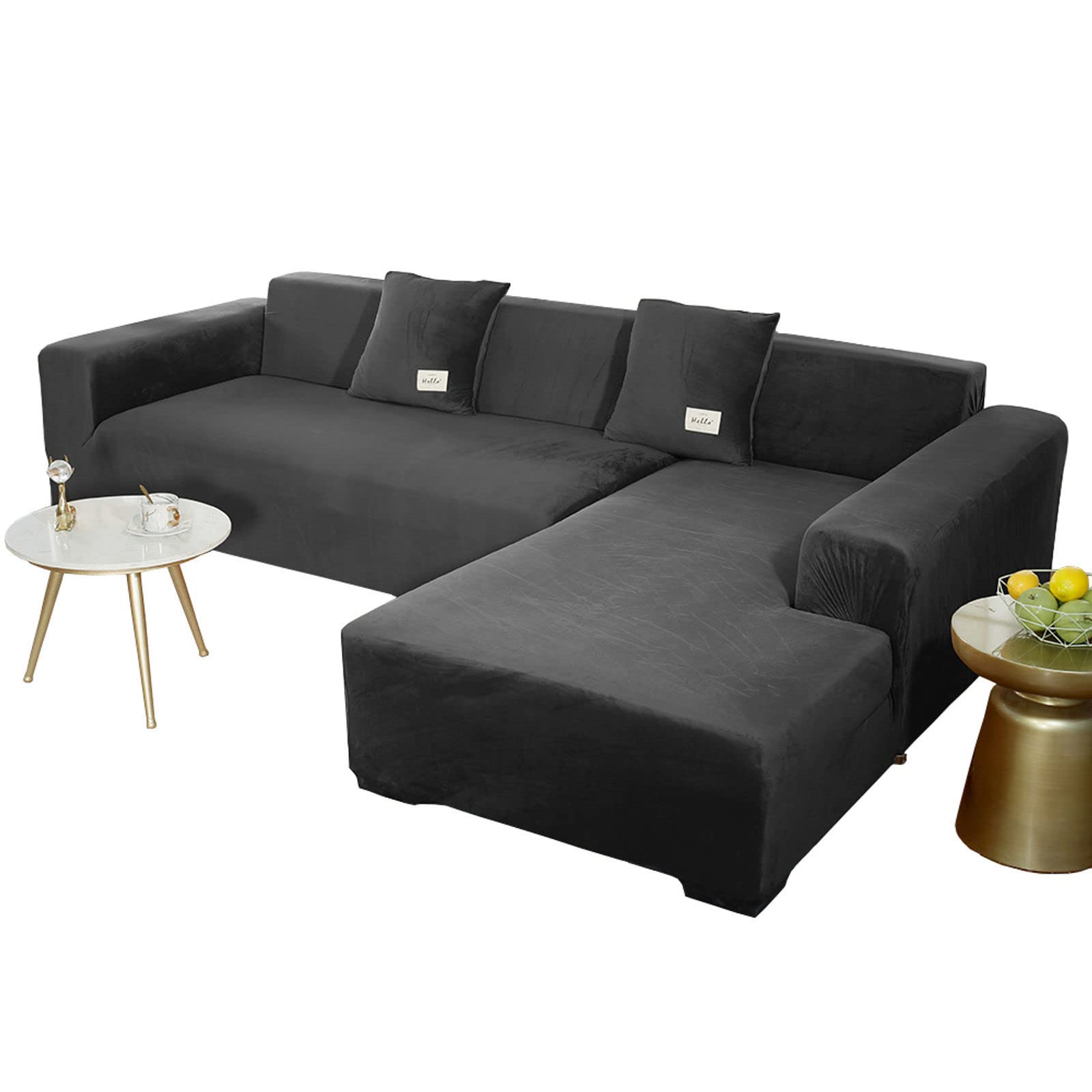 JHLD Sofabezug L Form, Stretch Sofabezug Samt L-förmiger Sofabezug Weiche Anti-rutsch Sofa Überwürfe Für Ecksofa-schwarz-3 Sitzer+4 Sitzer