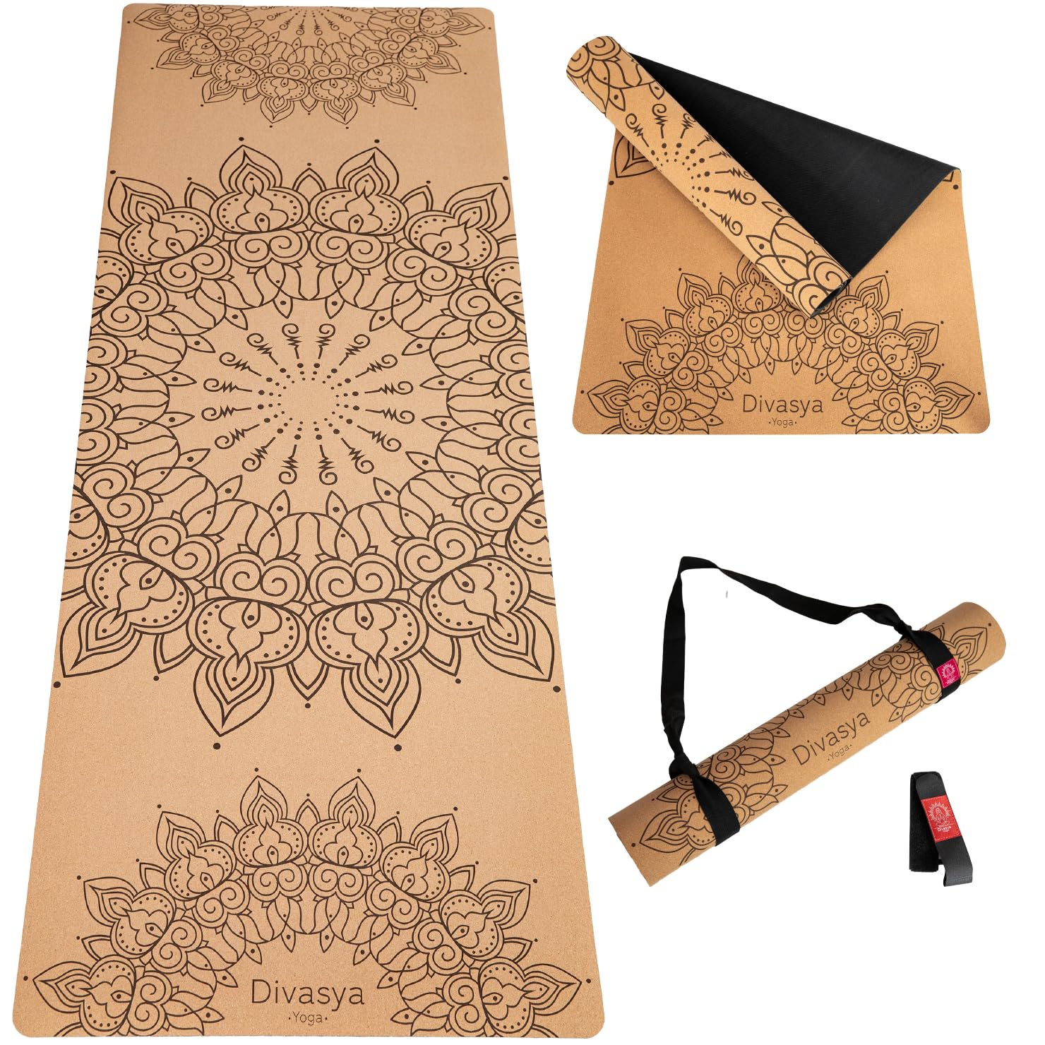 DIVASYA Premium Yogamatte Kork rutschfest: aus Naturkautschuk rutschfest & Kork, natürlich & nachhaltig, großzügige Maße (183x66x0,4cm), Yoga Matte Kork rutschfest, Tragegurt, schadstofffrei