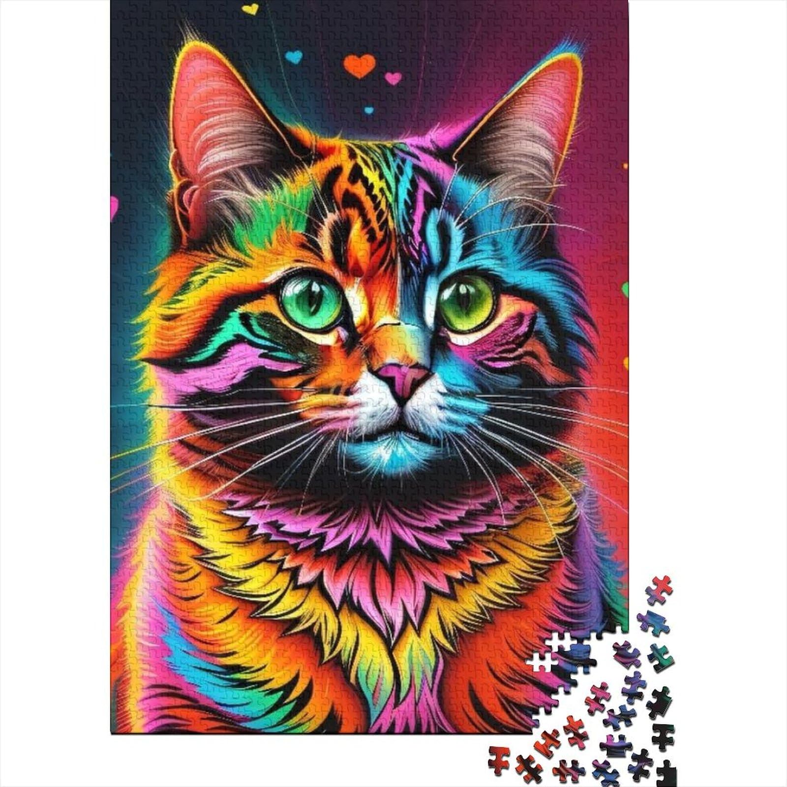 Holzpuzzle mit bunten Katzen für Erwachsene und Jugendliche, 1000 Teile, für Erwachsene und Jugendliche Kinder, für Familienspaß und Spieleabende (Größe: 75 x 50 cm)