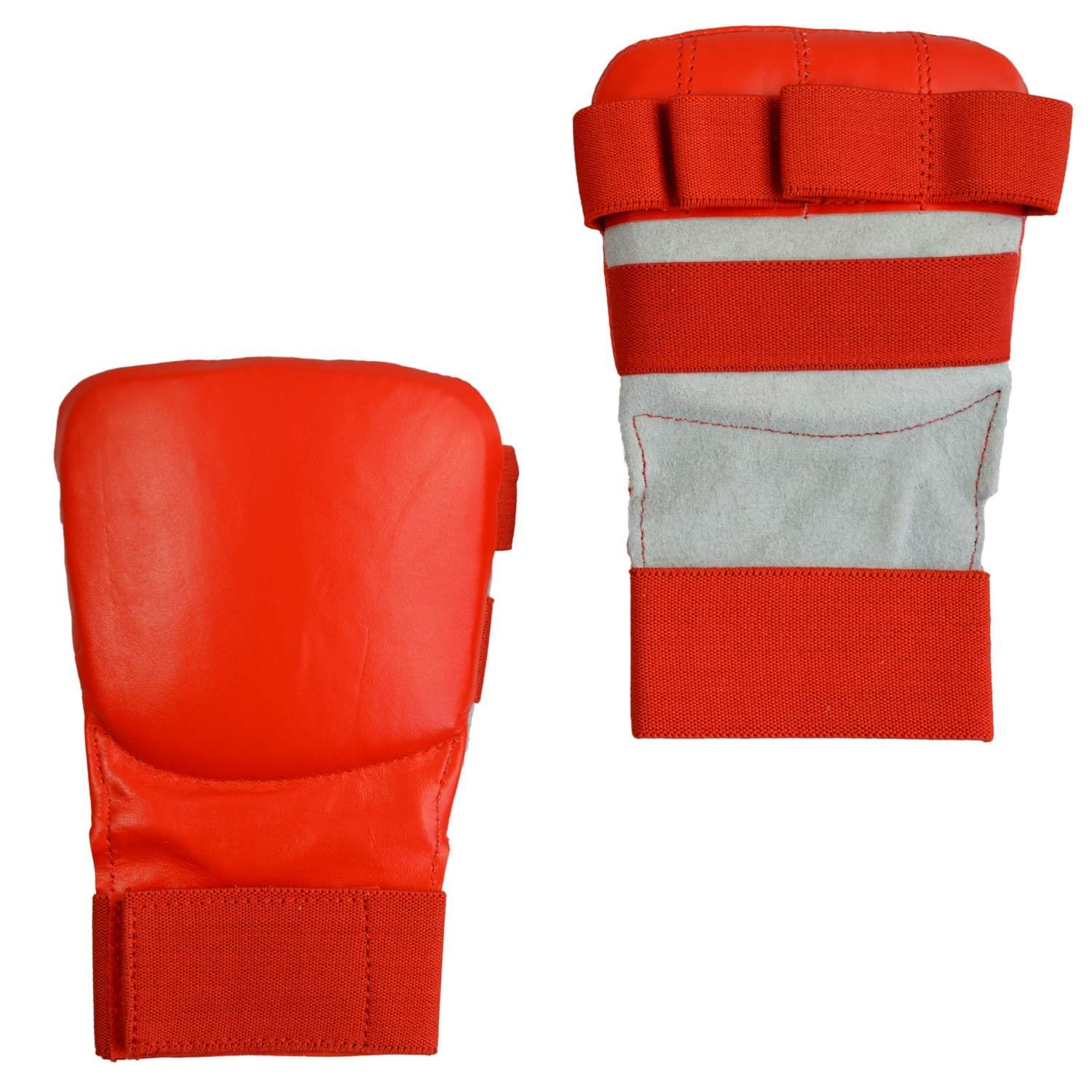 TEKKA BUDO Karate Faustschützer flach - Hand Mitt Echtleder - Rot Gr. XS - Fingerschlaufen mit Elastikband - Jujutsu, WingTsun Handschutz