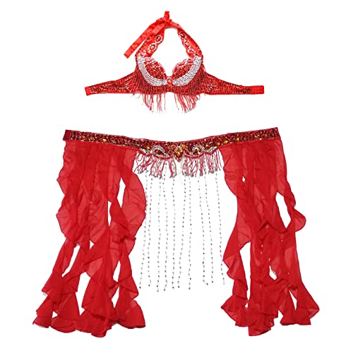 Bauchtanz Gürtel,Münzgürtel Größe S-XL. Performance frauen dancewear professionelle 2 stücke outfit perlen kostüm bauchtanz bh gürtel mit fransen(Red bra belt,One Size)