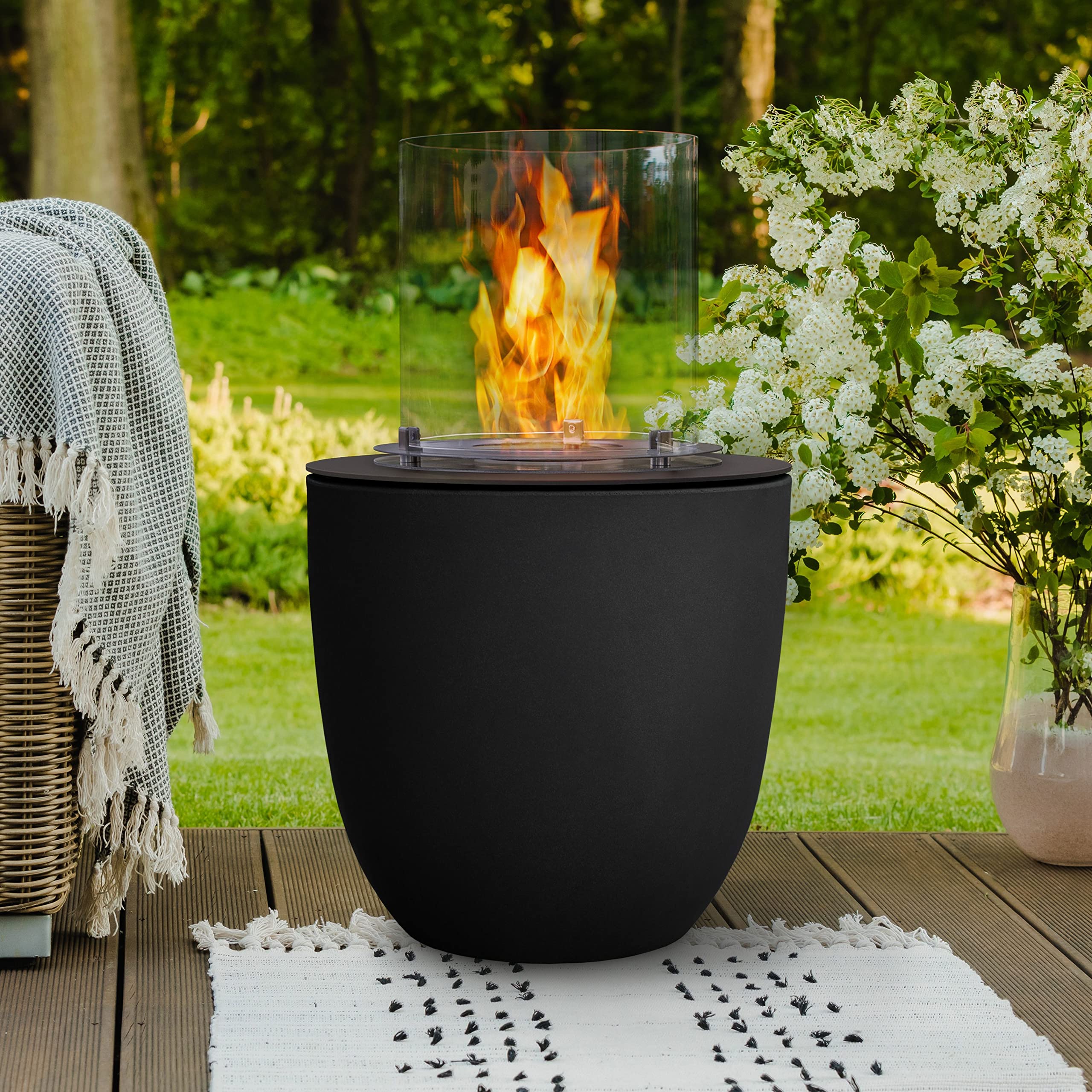 muenkel design Lasa – Asphalt-schwarz – Bio-Ethanol Feuerstelle Gartenfackel Terrassenfeuer mit Round Burner 350 Brennkammer