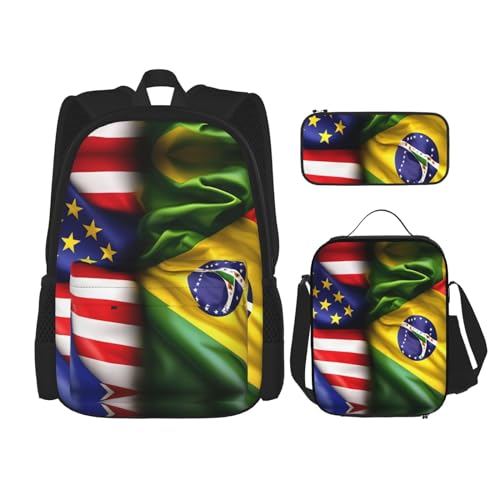 YQxwJL 3-in-1-Rucksack-Büchertaschen-Set, Barber Shop, einfarbiger Druck, lässiger Reiserucksack, mit Federmäppchen, Lunchtasche, Amerikanische und brasilianische Flaggen, Einheitsgröße