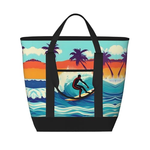 YQxwJL Isolierte Kühltasche mit Hawaii-Surfer auf gewelltem Druck, große Kapazität, Einkaufstasche, Reisetasche, Strand, wiederverwendbare Einkaufstasche für Erwachsene, Schwarz, Einheitsgröße