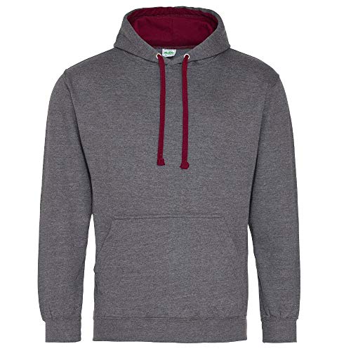 Just Hoods Unisex Varsity Hoodie/Charcoal Heather/Burgundy, XXL