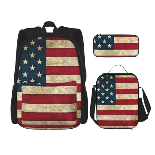 WURTON Rucksack mit amerikanischer Flagge, 3-in-1, Büchertaschen-Set, Lunchbox, Federmäppchen, Reise-Laptop, Tagesrucksack, Schwarz, Einheitsgröße, Schwarz , Einheitsgröße