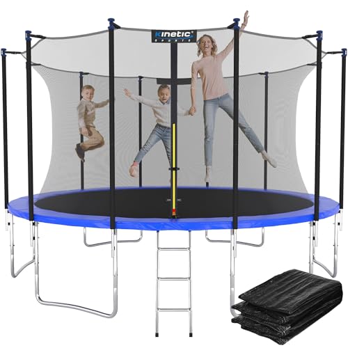 KINETIC SPORTS Trampolin Outdoor Ø 490 cm - TÜV Rheinland geprüft, Komplett-Set Gartentrampolin für Kinder, USA Sprungtuch, Sicherheitsnetz, Randpolster, Leiter - bis zu 160kg