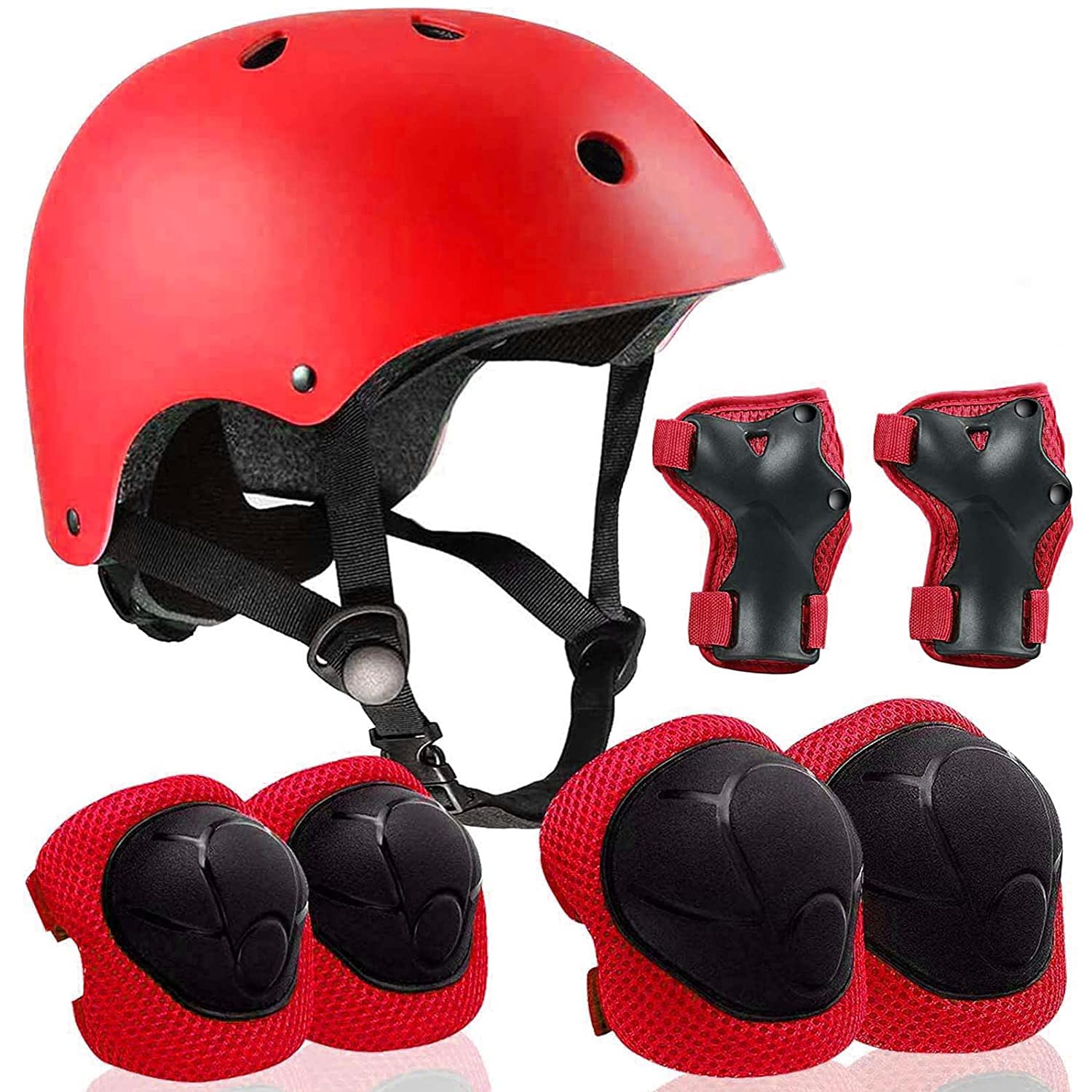 LOVMEAD 7 in 1 Schoner Set Kinder mit Helm für 3-8 Jahre, Einstellbar Protektoren Set Inliner Kinder mit Knieschoner Handgelenkschoner Ellenbogenschoner für Skate Skateboard Roller Radfahren (Rot)