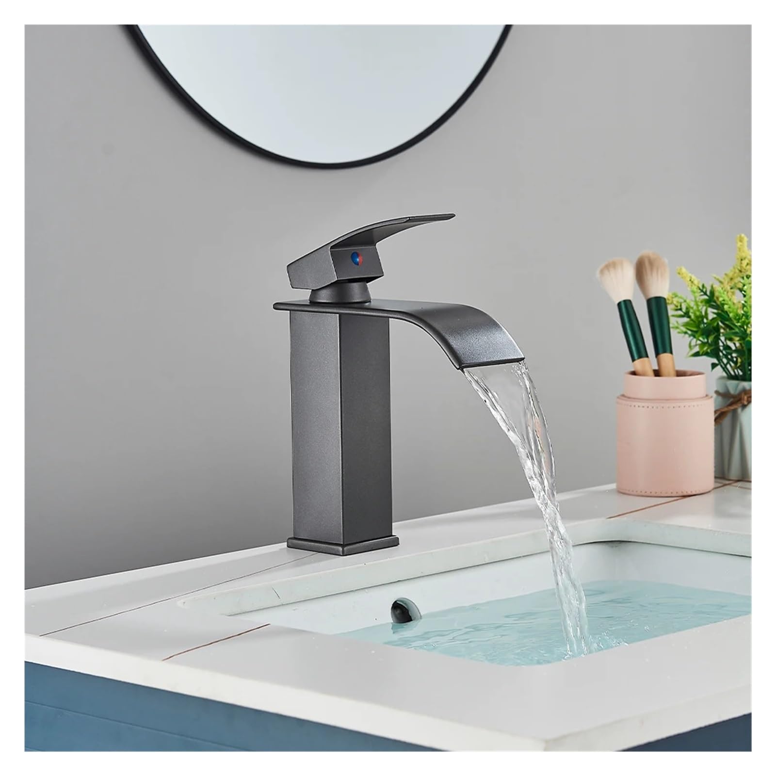 Waschbecken-Wasserhahn, aufgesetzter Badezimmer-Wasserfall, Waschbecken-Wasserhahn, Einhand-Badezimmer-Kran, Messing, heißer und kalter Waschtisch-Badezimmer-Wasserhahn(Gun Gray-Short)