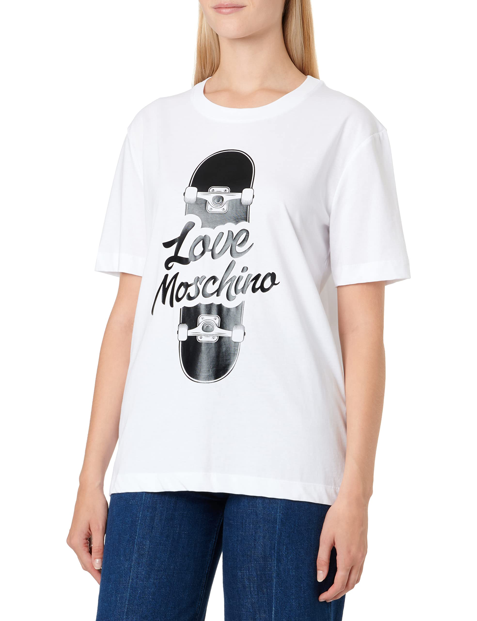 Love Moschino Damen Regular Fit Short Sleeves With Shiny Skateboard Print T Shirt, Optical White, 40 EU