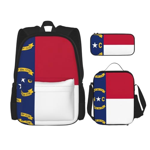 WURTON North Carolina State Flag Print Lunchbox Federmäppchen Rucksack Set 3 Stück Verstellbare Träger Langlebig Leicht, Schwarz, One Size