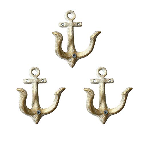 TentHome 3er-Set Maritime Dekoration Garderobe Antik Gusseisen Wandhaken Kleiderhaken Garderobenhaken Anker Doppelhaken Wandgarderobe Vintage Garten Haken, Antik Weiß