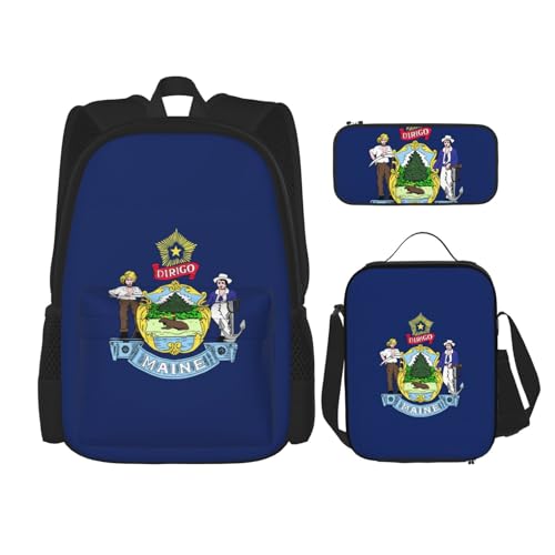 WURTON Maine State Flag Print Schulter Rucksack 3 in 1 Büchertasche Set Lunchbox Federmäppchen Reise Laptop Tagesrucksäcke, Schwarz, Einheitsgröße, Schwarz, Einheitsgröße, Schwarz , Einheitsgröße