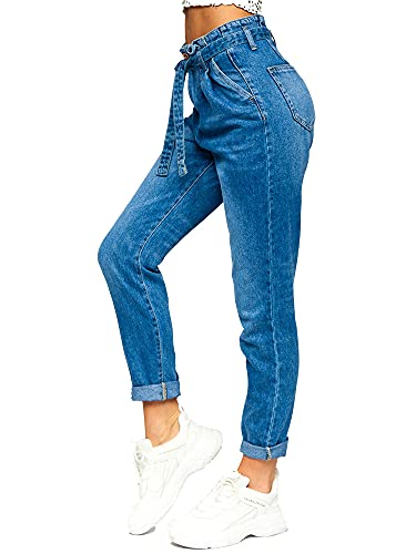 BOLF Damen Jeanshose Jeans Used Look Jeanspants Destroyed Denim Style Regular Fit Narrow Leg Freizeit Casual Style DM312N-4 Dunkelblau M [F6F]