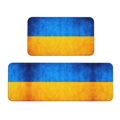 Küchenmatte mit ukrainischer Flagge, 2-teiliges Küchenteppich-Set, rutschfest, wasserdicht, für Küche, Flur, Büro