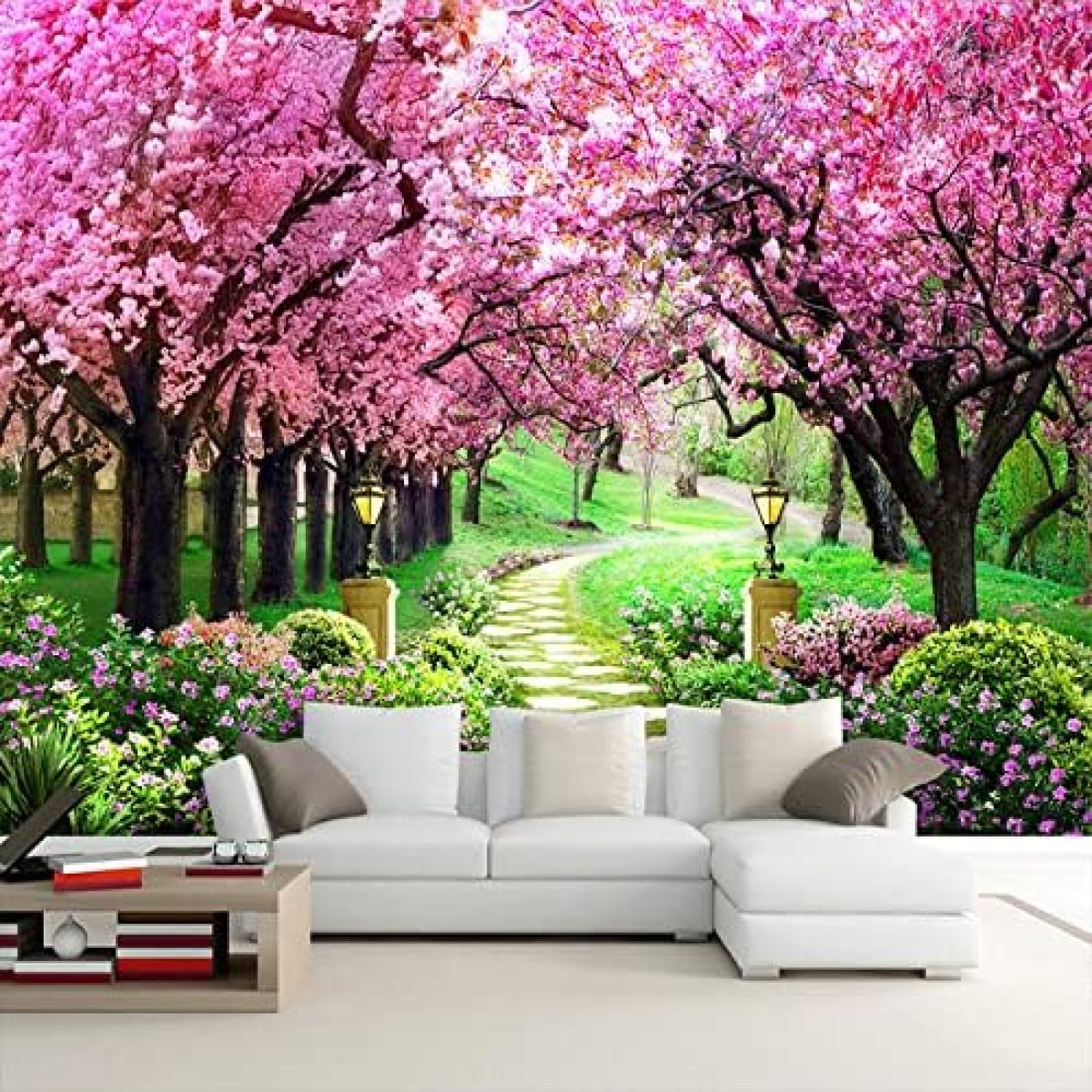 XLMING Blumen Baum Garten Weg Landschaft 3D Tapete Home Dekoration Wohnzimmer Sofa Schlafzimmer Tv Hintergrund Wand-250cm×170cm