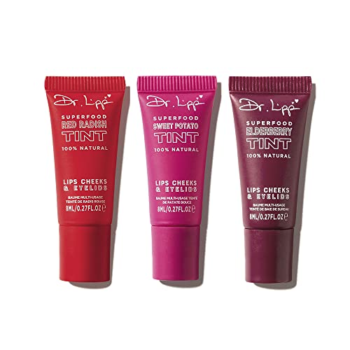 Dr. Lipp Superfood Tint – Für Lippen, Wangen und Augenlider Roter Rettich, Holunder und Süßkartoffel – 100 % natürliche pflanzliche Pigmente, natürlicher Roséschimmer – 0,27 fl oz/8 ml – 3er-Pack