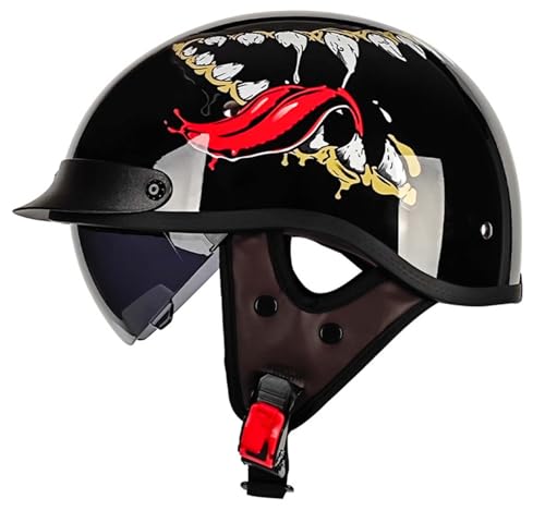 Motorrad-Halbhelm-Baseballkappe Mit ECE-Zertifiziertem Visier, Offener Helm Mit Einziehbarer Schnellverschluss-Schnalle, Unisex E,XXL63CM