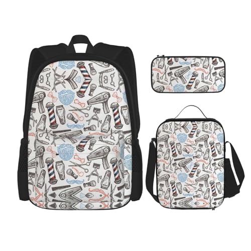 WURTON Barber Supplies Schulrucksack-Set mit 3-in-1-Büchertasche, mit Lunchbox, Federmäppchen, Reise, Laptop, Tagesrucksack