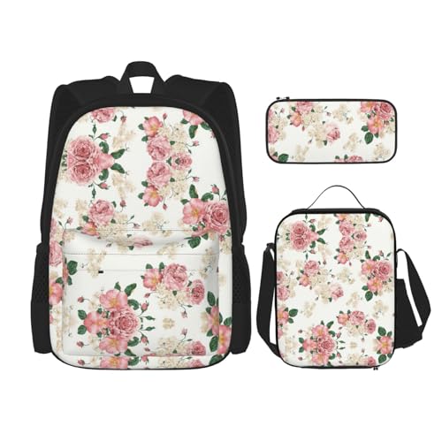 WURTON Schulrucksack-Set mit rosa Rosen und Blättern, 3-in-1-Büchertasche-Set mit Lunchbox, Federmäppchen, Reise, Laptop, Tagesrucksack