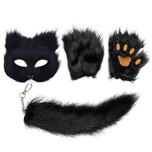 Halloween-Tier-Gesichtsbedeckung, Cosplay-Maske mit Schwanz und Handschuhen, Halloween-Maske für Maskerade, Karneval und Bühnenauftritte