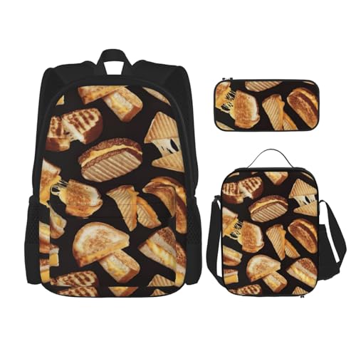 WURTON Cheese Sandwiches Schulterrucksack, 3-in-1-Büchertaschen-Set, Lunchbox, Federmäppchen, Reisen, Laptop, Tagesrucksäcke, Schwarz, Einheitsgröße