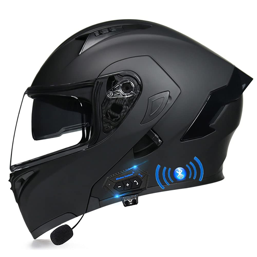 Motorradhelm mit Bluetooth Klapphelm Integralhelm Fullface Helm Rollerhelm Sturzhelm mit Doppelvisier Sonnenblende ECE Motocrosshelm Belüftung für Herren Erwachsene-Schwarz 55~60cm