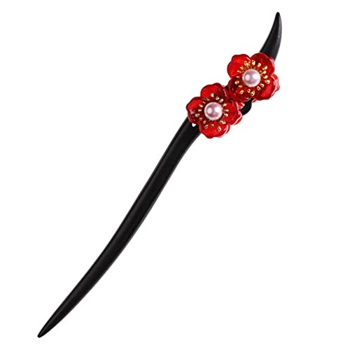 Hölzerne Haarstäbchen for Dutts, rote Blumen, dekorative Haar-Essstäbchen, einfache, elegante Haarnadeln, chinesische klassische Ebenholz-Essstäbchen for Frauen