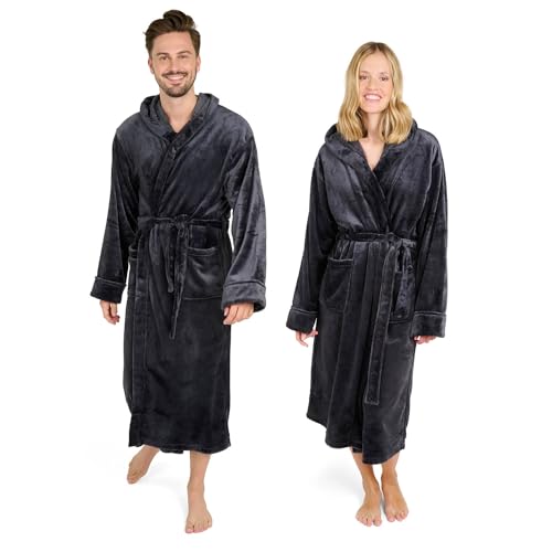 Blumtal Bademantel Damen und Herren - kuschelig weicher Fleece Bademantel mit Kapuze & praktischen Fronttaschen, Oeko-TEX® Zertifiziert, Größe XXXL, Farbe Anthrazit