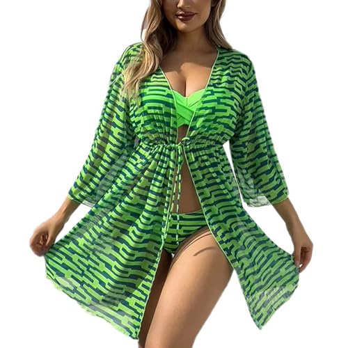 Zdprkqzvz 3-teiliges Damen Badeanzug Set Mit Streifendruck Strand Kimonos Vertuschung Gerafftem Badeoberteil Und Unterteil Mit Niedriger Taille