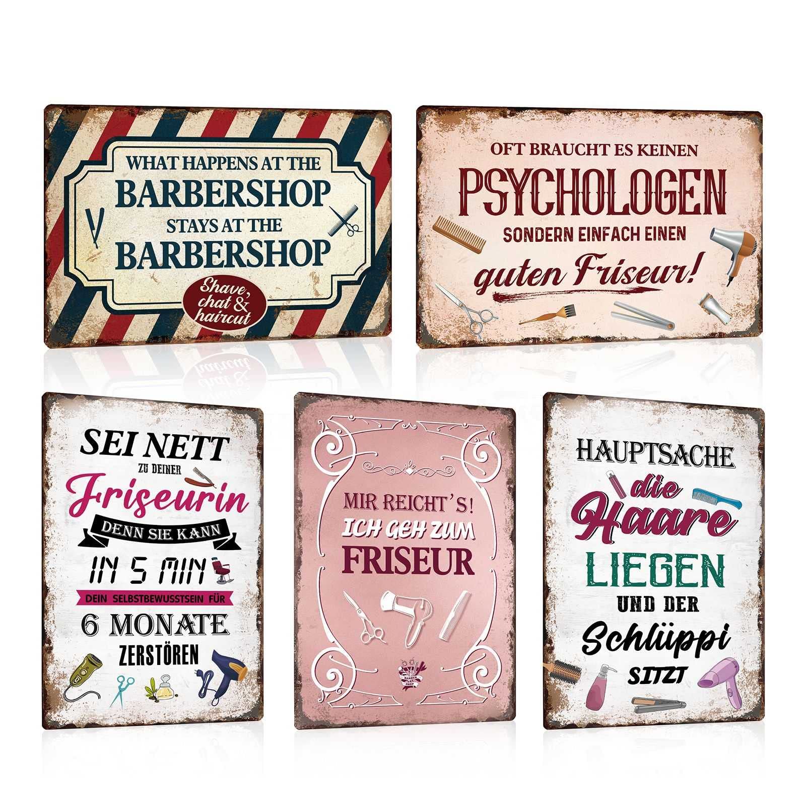 5er Set Retro Blechschild Friseur Lustig Sprüche - Vintage Metallschild Barber Shop mit Witziger Spruch - Shaaby Chic Friseursalon Schild Wandschild Wanddekoration Geschenk 20x30cm