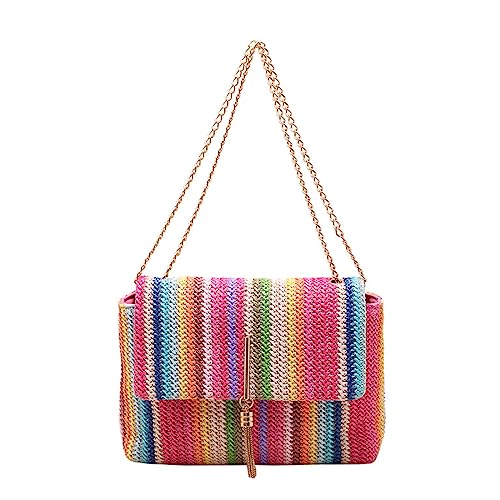 ohodhmnu Damen Tragetasche, Mode Frauen Regenbogen Gestreifte Kette Schultertasche Klappe Crossbody Taschen Tasche für Mädchen Handtasche Damen Handytasche, farbe, with scarf