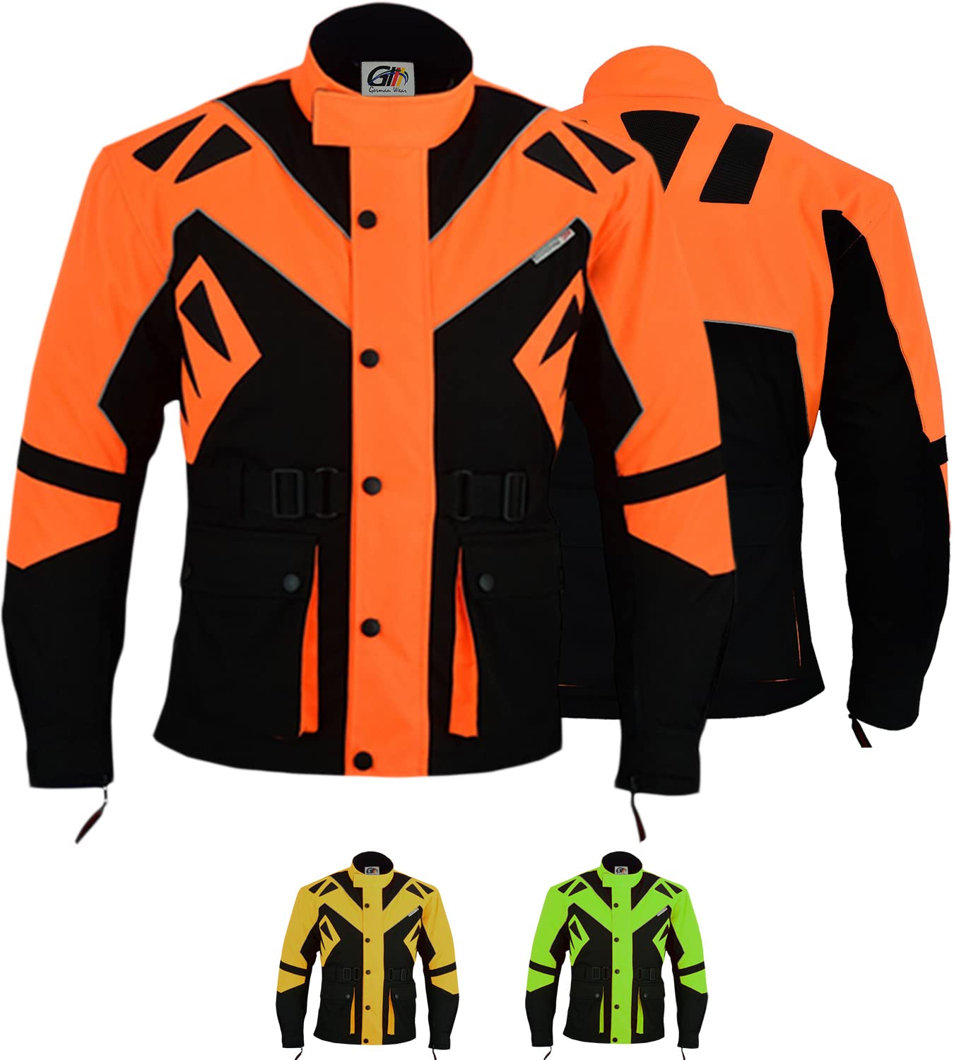 German Wear Motorradjacke herren mit protektoren motorrad winddicht herausnehmbar waschbar innenfutter jacke leicht extra sichtbarkeit viele Taschen Orange - 3XL