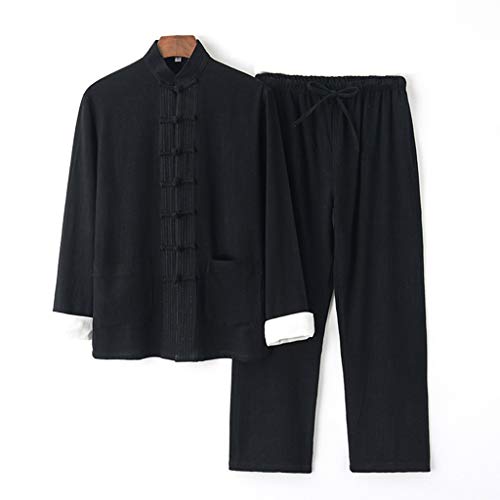 ZHOUXIAO Baumwollleinen Tai Chi Uniform Tang Anzug Männer Hanfu Chinesische Traditionelle Kung Fu Uniform Meditation Kleidung Kampfkunst Anzug Morgen Übungen Kleidung Kleidun black1-3XL