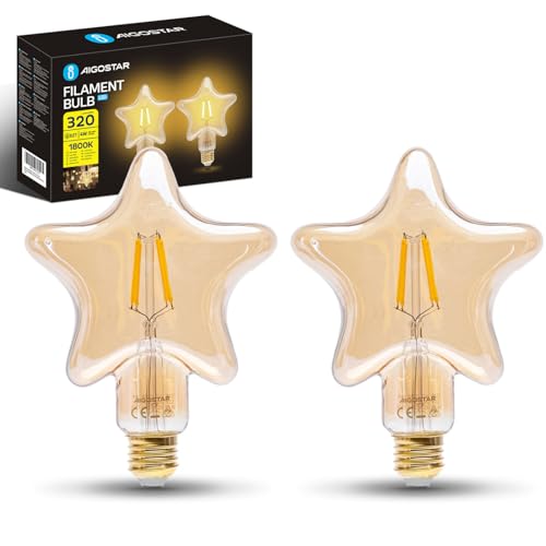 Aigostar LED Glühbirne E27 4W, Warmweißes Licht 1800K, 320 Lumen, Dekorativ Stern, Vintage Glühbirne im Edison-Stil Mit Filament, Bernsteinfarben, Nicht Dimmbar, Packung Mit 2 Stück