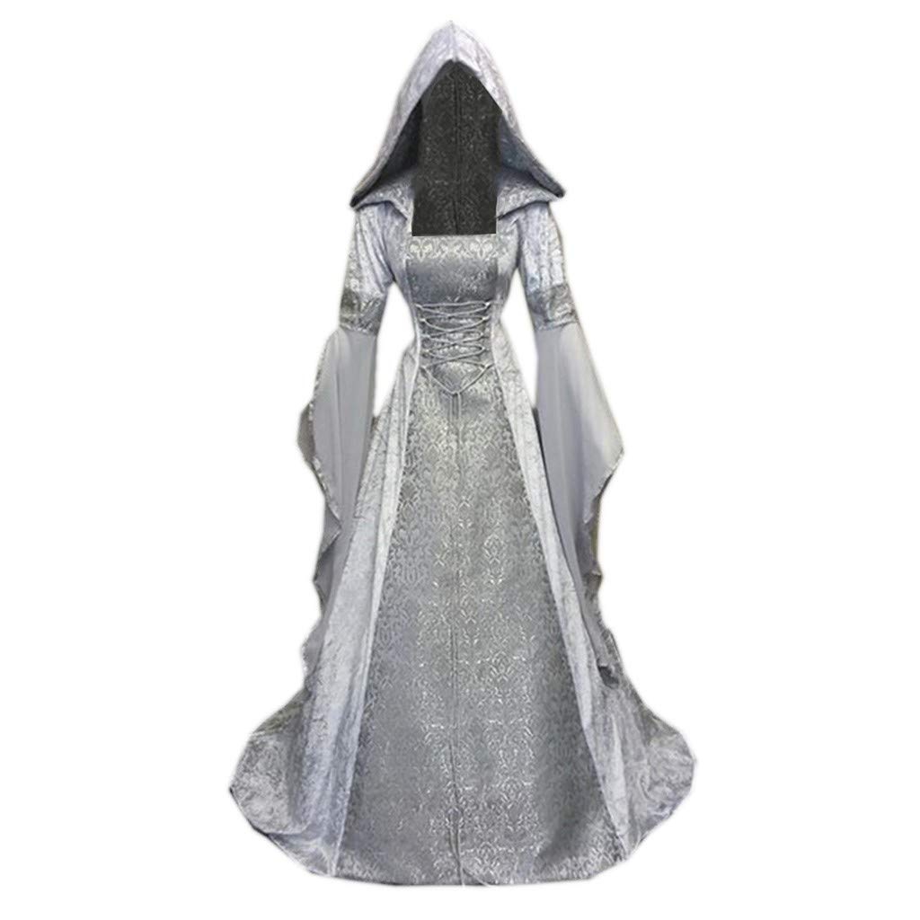 YEBIRAL Damen Langarm Mittelalter Kleid Bodenlangen Gebunden Taille Maxikleid Gothic Retro Kleid Prinzessin Renaissance Cosplay Dress Party Festlich Halloween Karneval Kostüm (Y-2 Grau, S)