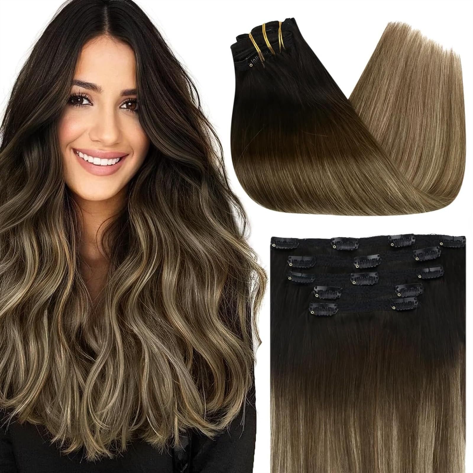 Clip-in-Haarverlängerungen Ombre-Clip-in-Haarverlängerungen aus echtem Echthaar, 7 Stück, voller Kopf, brasilianische Clip-in-Extensions, Balayage-blonde Clip-in-Haarverlängerungen, Clip-ins, 30,5–61