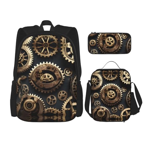 WURTON Steampunk Gears Print Reise Lunchbox Federmäppchen Rucksack Set 3 Stück Verstellbare Träger Leicht, Schwarz, Einheitsgröße