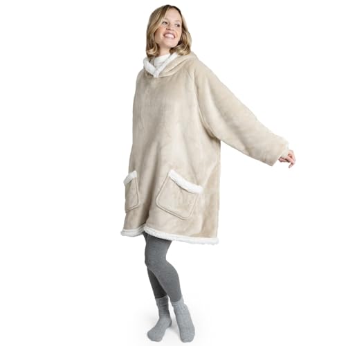 Blumtal Sherpa Hoodie Decke Damen mit Ärmeln und Kapuze - Oeko-TEX zertifizierter Kuschelpullover Damen - Decke zum Anziehen - Decken Hoodie Damen weich - Kuschelpullover gefüttert in Sand - Beige